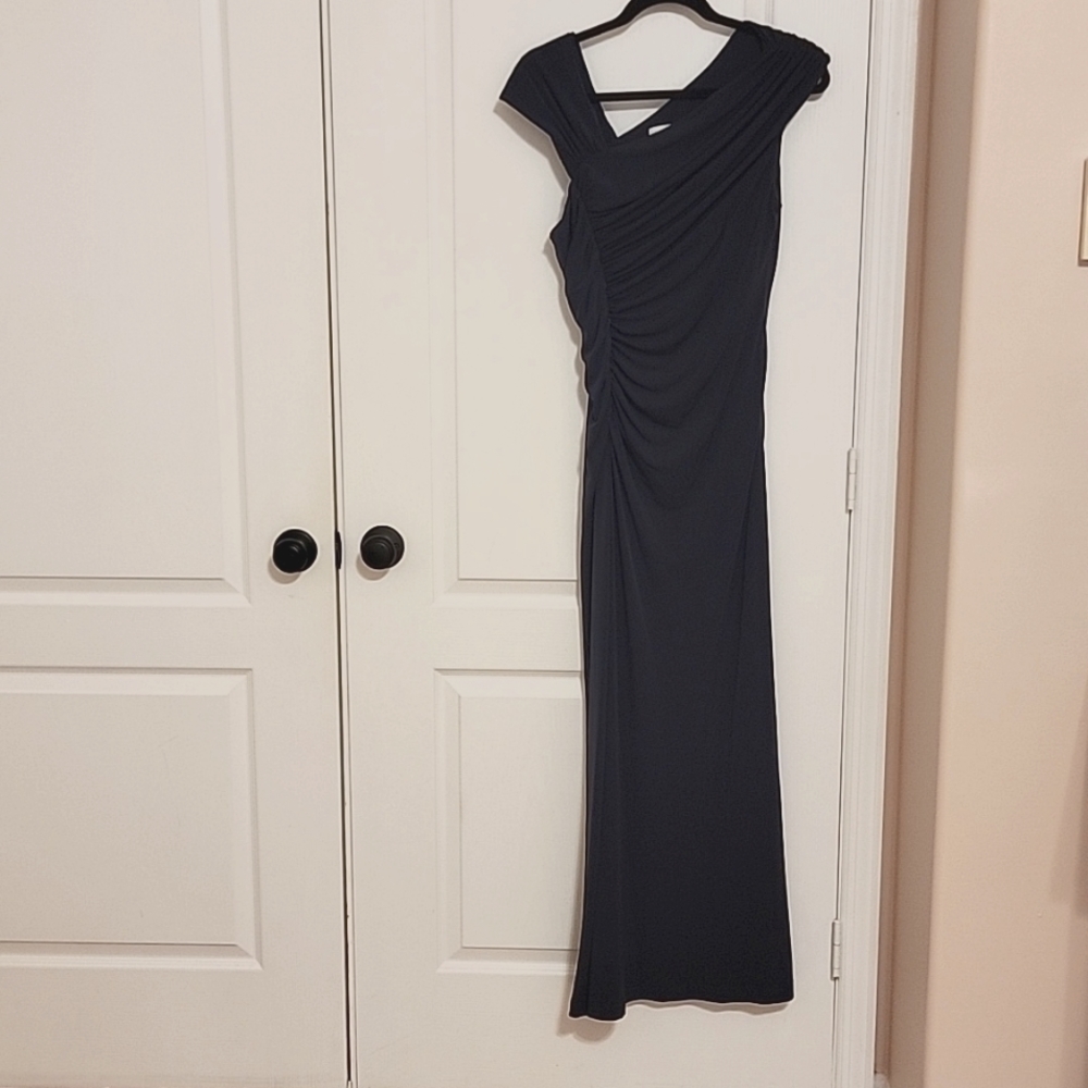 Calvin Klein evening gown. Navy, sz 12. Assymetrical neckline.